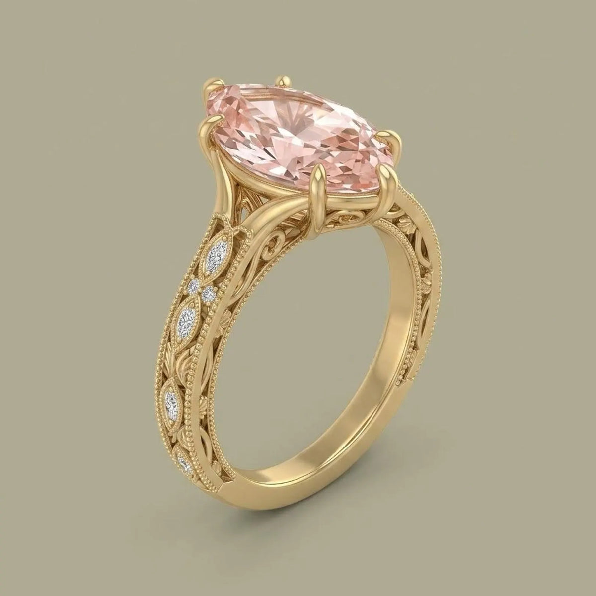 Perspective view of a 3 CT fancy pink marquise cut lab grown diamond ring in a yellow gold vintage setting.