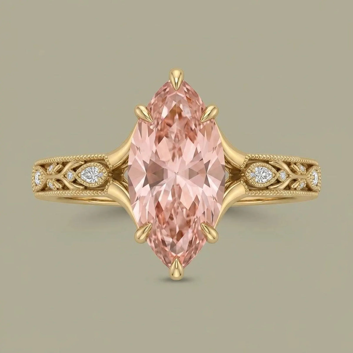 Top-down view of a 3 CT fancy pink marquise lab grown diamond engagement ring with split shoulders and milgrain detail.