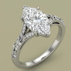 Three-quarter angle view of a 4 CT marquise lab grown diamond engagement ring with a pave leaf vine band.