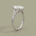 Perspective view showing split shoulder pave diamond band and 6-prong basket holding a 4 CT marquise diamond.