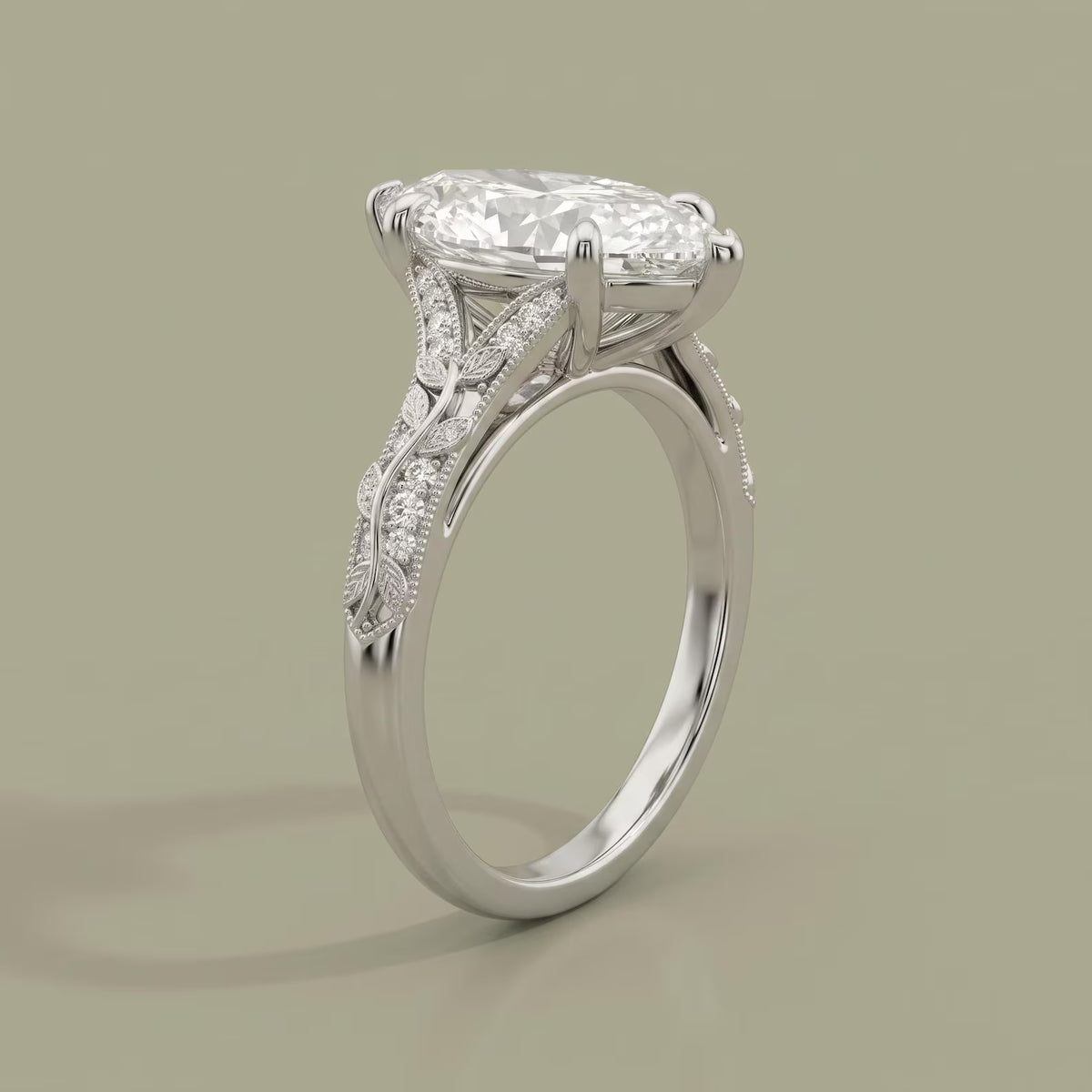 Perspective view showing split shoulder pave diamond band and 6-prong basket holding a 4 CT marquise diamond.