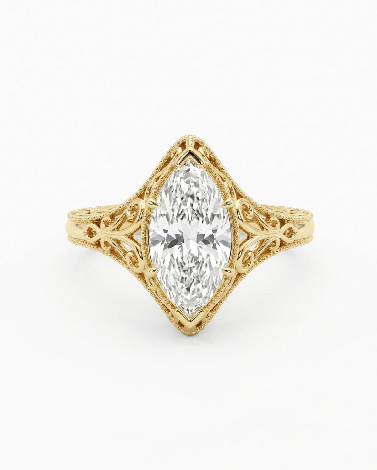 Top-down view of a 4 CT marquise cut lab grown diamond in a vintage milgrain filigree frame.