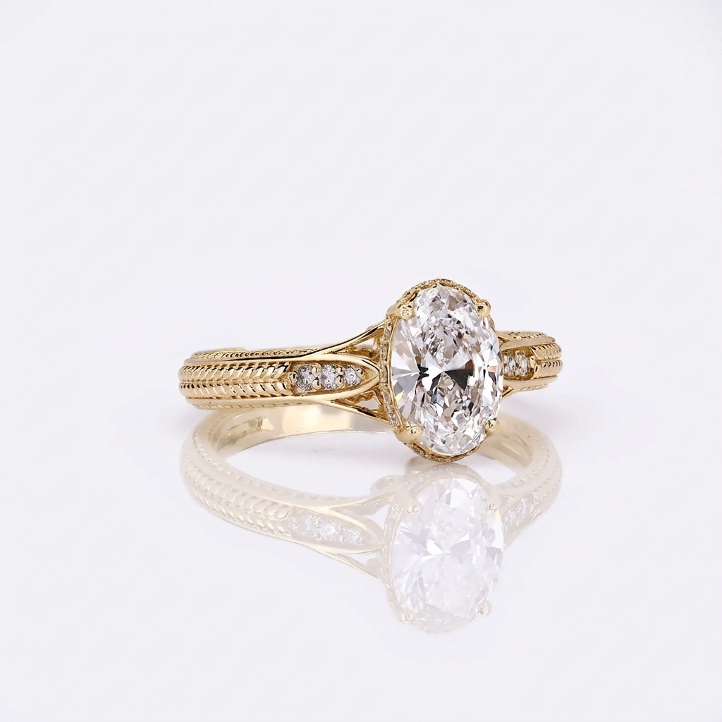Three-quarter view of a 3 carat oval lab grown diamond engagement ring featuring a wheat-engraved split shank and diamond-accented shoulders.