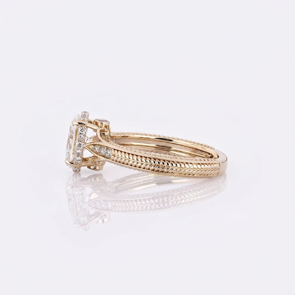 Side view of a 3 CT oval lab diamond ring showing the intricate rope-carved band texture and pavé hidden halo setting.