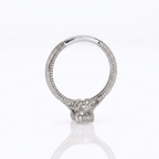 Profile view of the vintage scrollwork gallery with a bezel-set accent diamond in a white gold lab grown diamond setting.