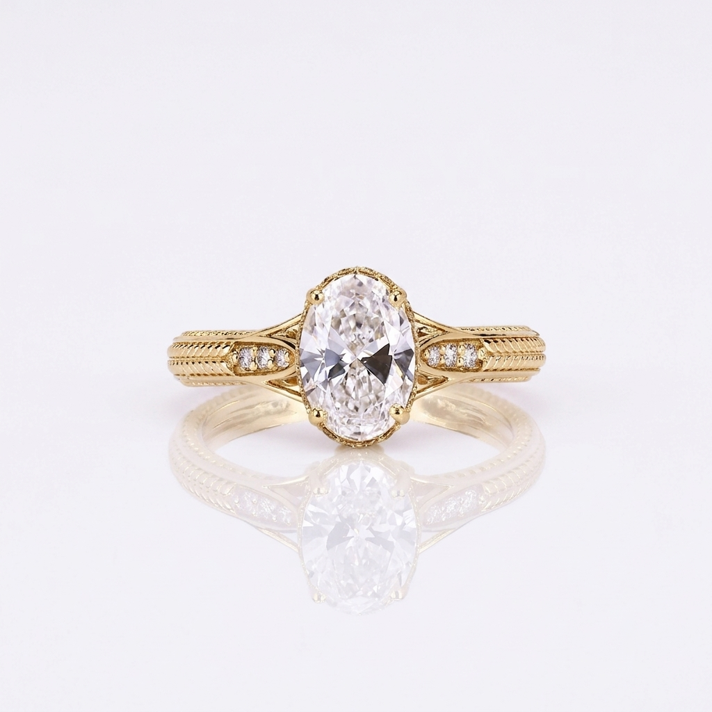Direct top view of a 3 CT oval cut lab grown diamond engagement ring with split diamond shoulders and detailed hand-engraved band.