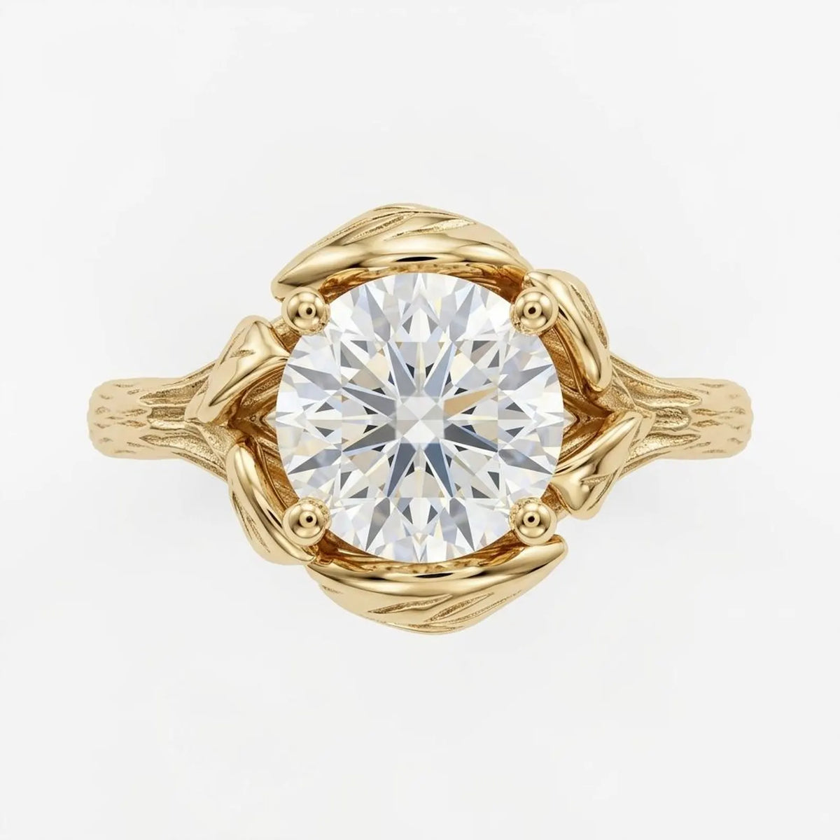 Direct overhead view showing the facet pattern of a 4 CT round brilliant cut lab diamond surrounded by yellow gold leaves.