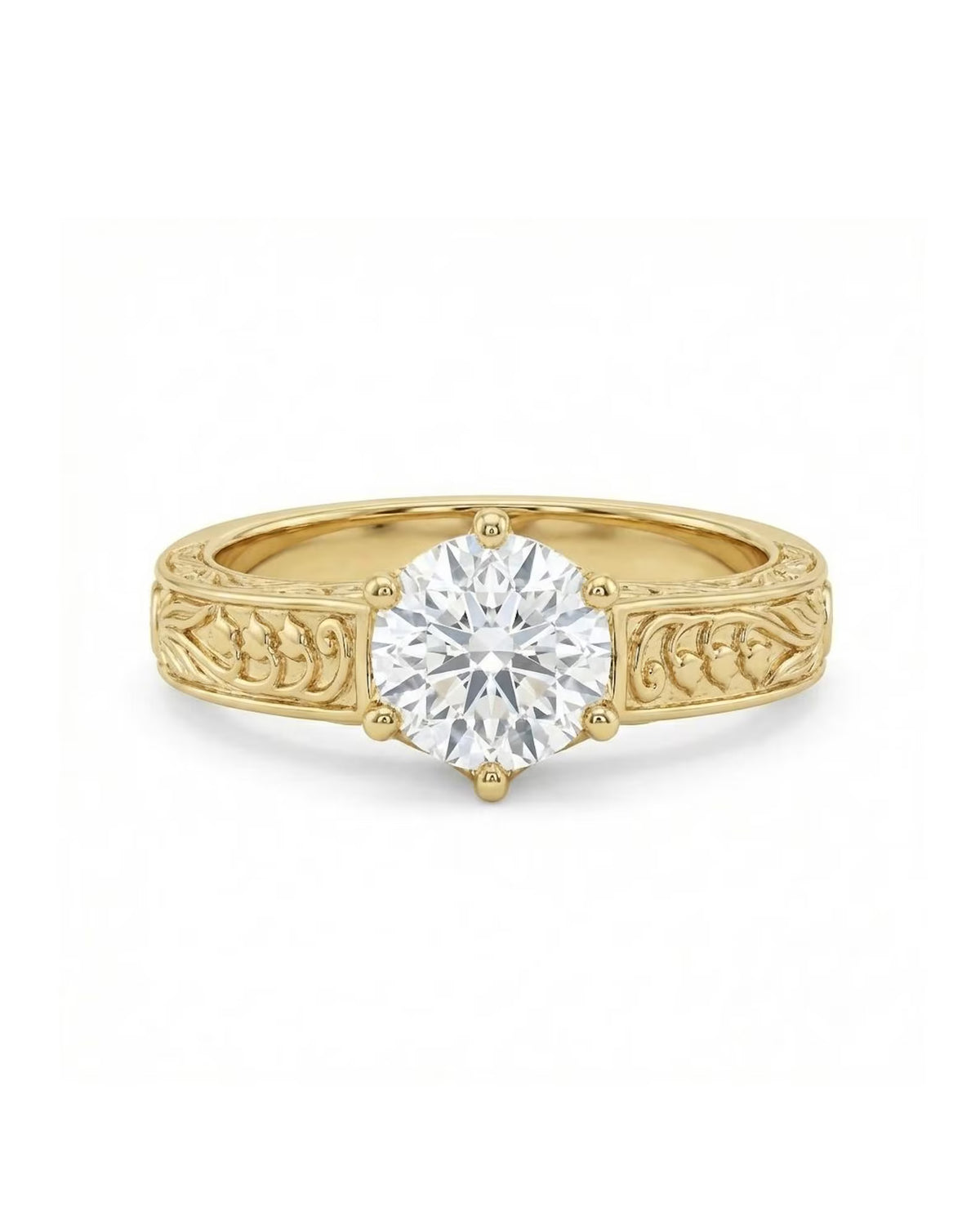 Top-down view of a 3 CT round cut lab grown diamond engagement ring in a 6-prong yellow gold setting with hand-carved scrollwork band.