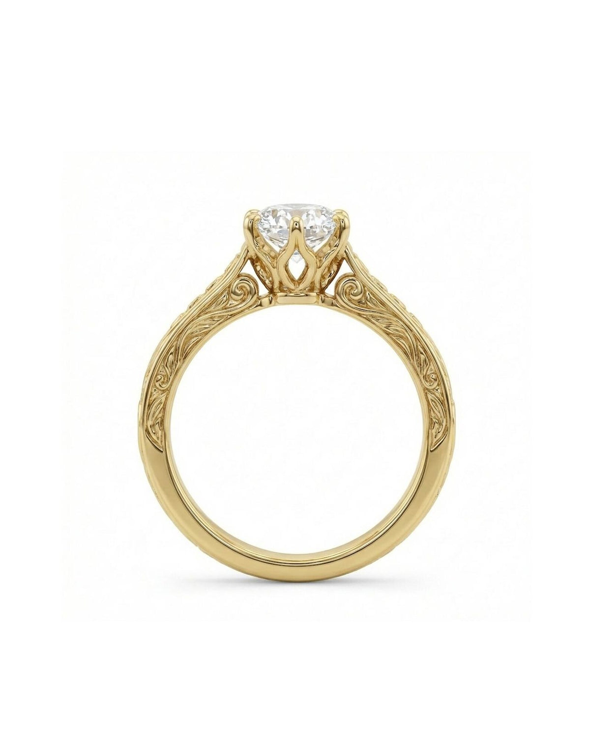 Side profile view of a 3 carat round lab grown diamond ring with 6-prong crown setting and intricate filigree gallery in yellow gold.