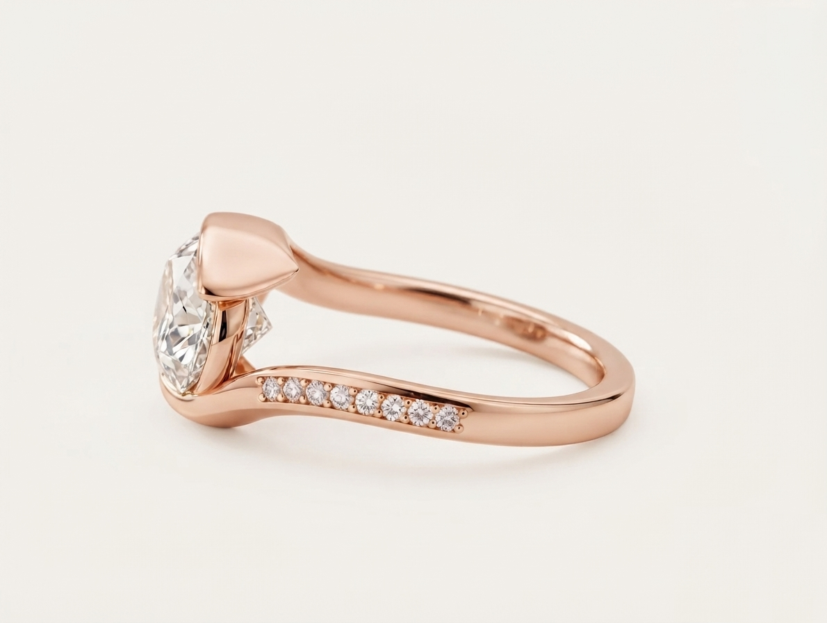 Side profile view of a 3 CT East-West oval lab grown diamond bypass engagement ring in rose gold with pavé accent diamonds