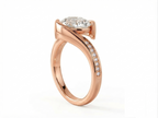 Three-quarter view highlighting the fluid bypass semi-bezel and pavé band in rose gold holding a 3 CT oval lab diamond.