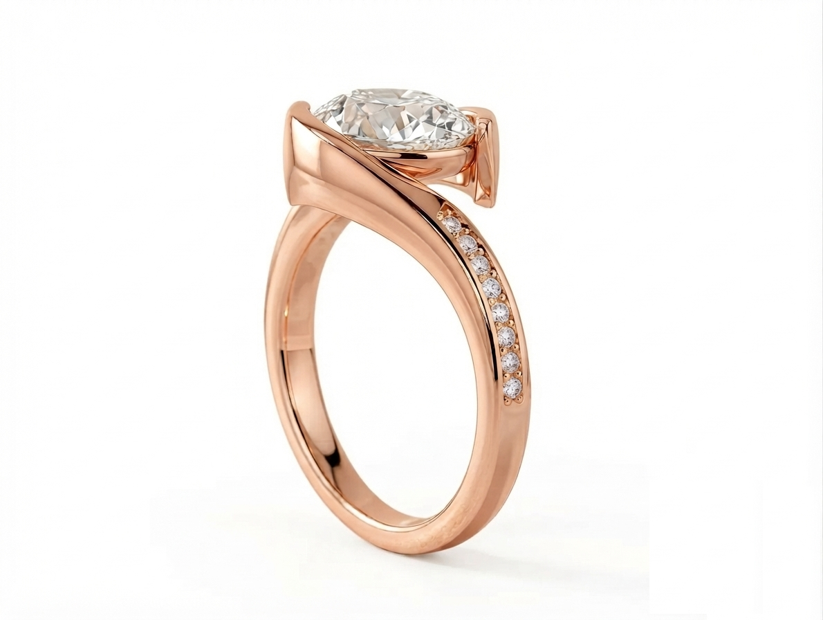 Three-quarter view highlighting the fluid bypass semi-bezel and pavé band in rose gold holding a 3 CT oval lab diamond.