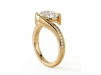 Angled side profile of a yellow gold East-West oval lab diamond bypass engagement ring with pavé diamond accents.