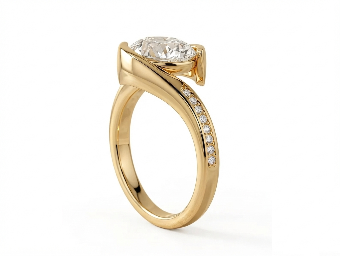 Angled side profile of a yellow gold East-West oval lab diamond bypass engagement ring with pavé diamond accents.