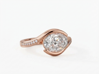 Angled perspective view of a 3 carat East-West oval lab diamond engagement ring in polished rose gold.