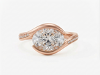 Direct top view of a 3 CT East-West oval cut lab grown diamond set in a rose gold bypass semi-bezel with pavé band.