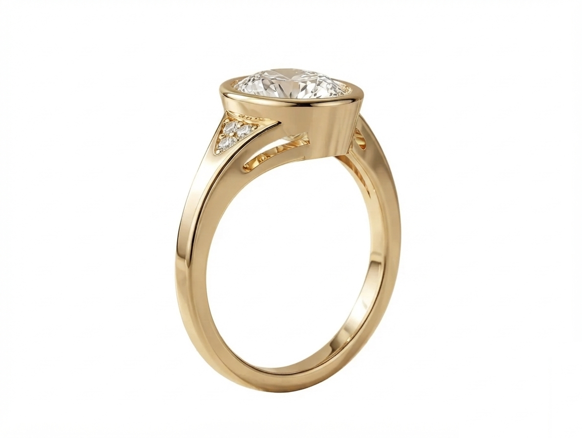 Side profile view of a yellow gold 3 CT oval lab grown diamond bezel engagement ring with pave accent shoulder.