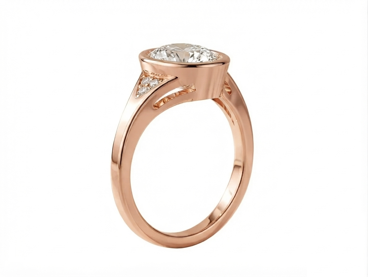 Side profile view of a rose gold 3 CT oval cut lab grown diamond bezel engagement ring with pave diamond details.