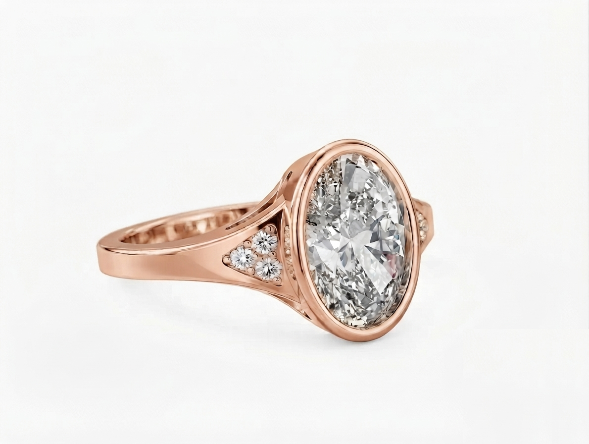 Three-quarter view of a rose gold 3 CT oval lab diamond engagement ring showing bezel setting and pave cluster shoulders.