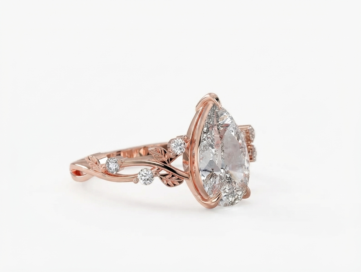 Side view of a 3 CT pear cut lab grown diamond engagement ring with a rose gold botanical vine band and leaf accents.