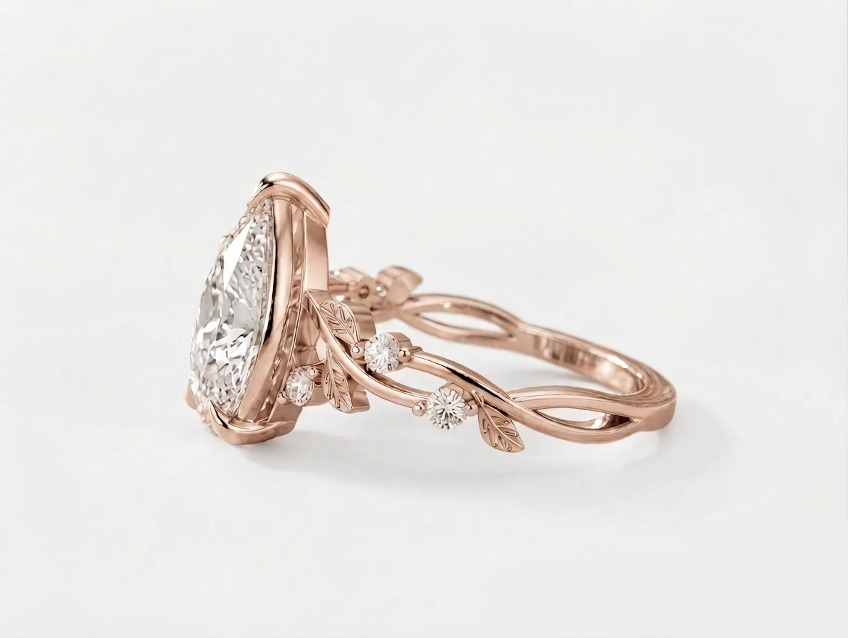 Side profile showing the intricate leaf and vine band of a rose gold 3 carat pear lab diamond ring.