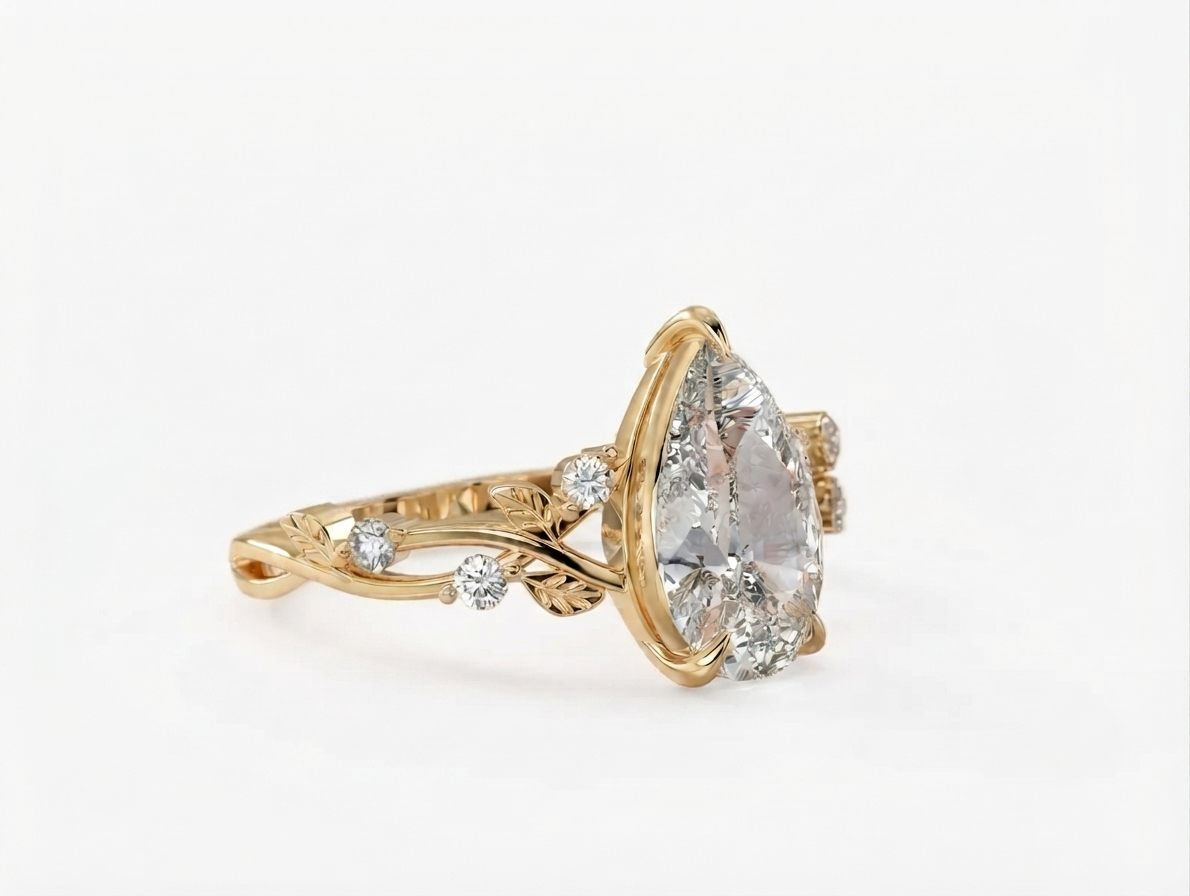 Angled side view of a yellow gold nature inspired 3 carat pear lab diamond engagement ring with leaf details.