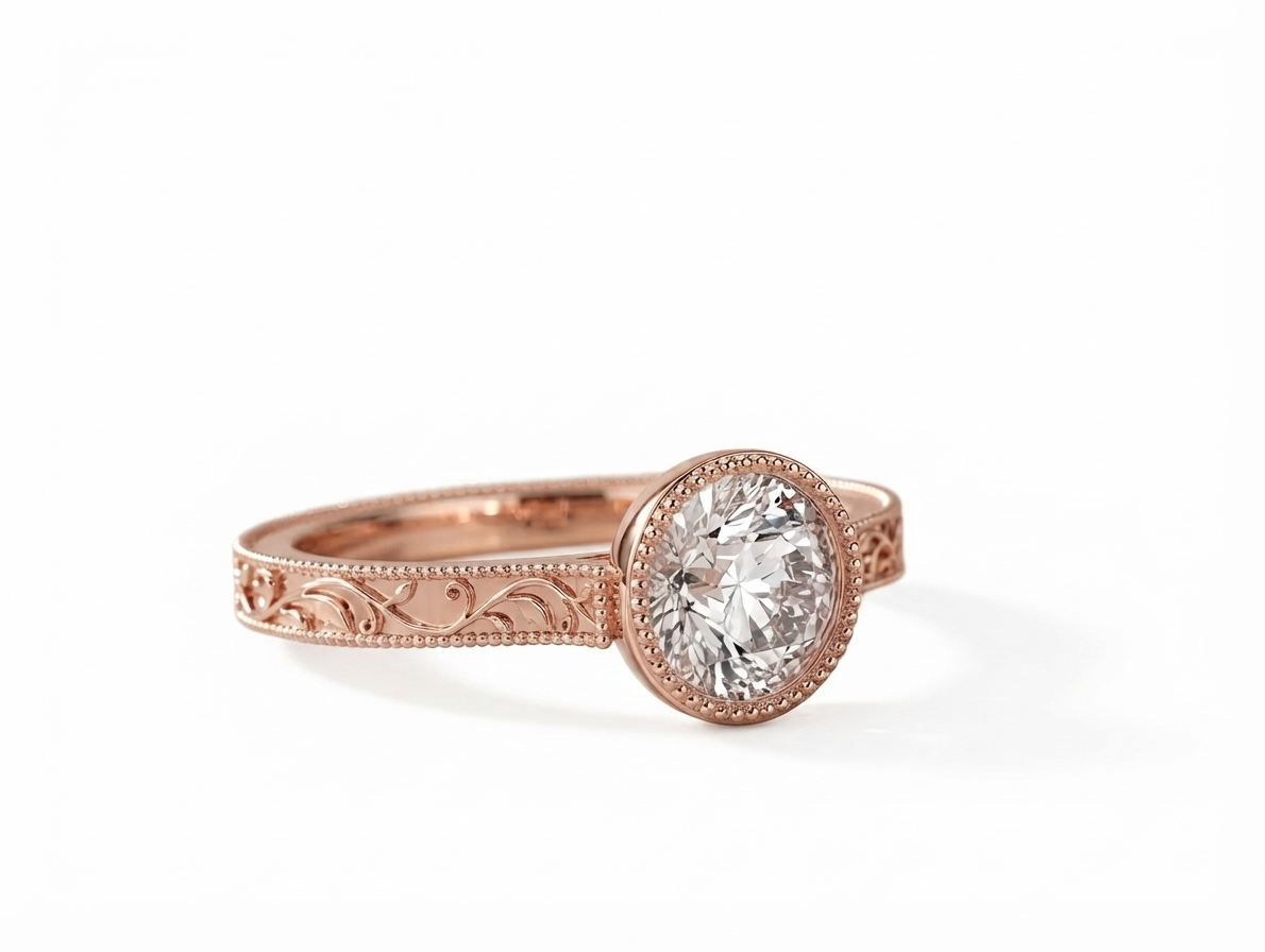 Three-quarter view of a rose gold 3 CT round lab diamond engagement ring with filigree band accents.