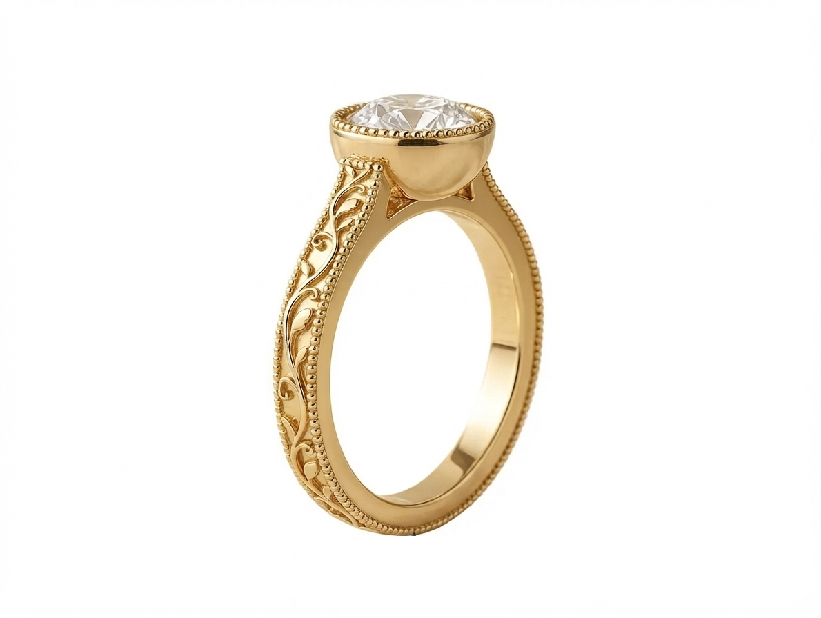 Profile view of a yellow gold vintage 3 CT round lab grown diamond bezel engagement ring with filigree details.