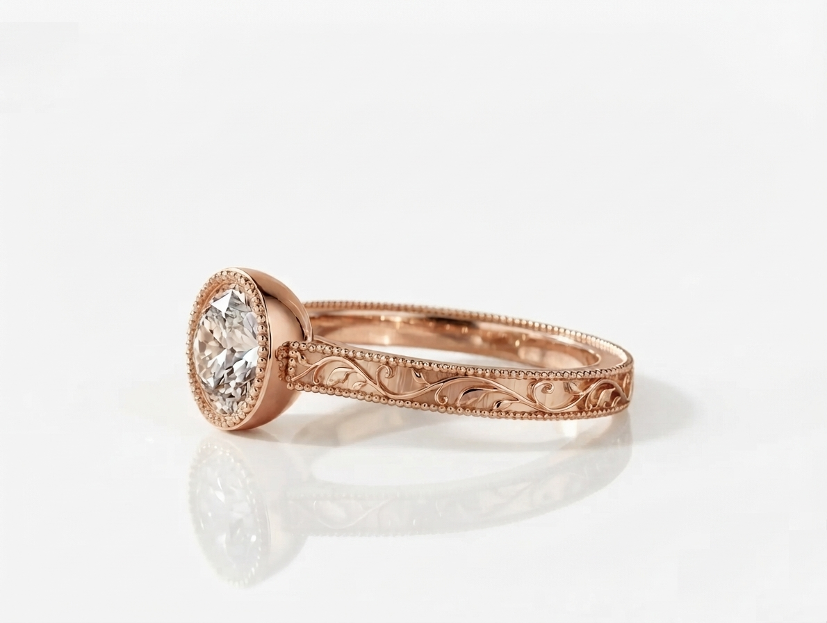 Side view showing engraved leaf details on a rose gold 3 CT round lab diamond bezel ring.
