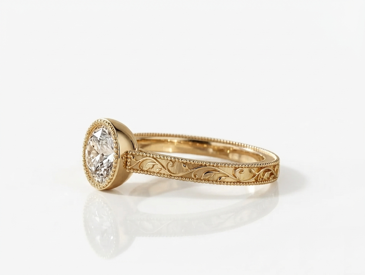 Side view of a yellow gold 3 CT round lab grown diamond engagement ring with milgrain bezel and hand-engraved band.