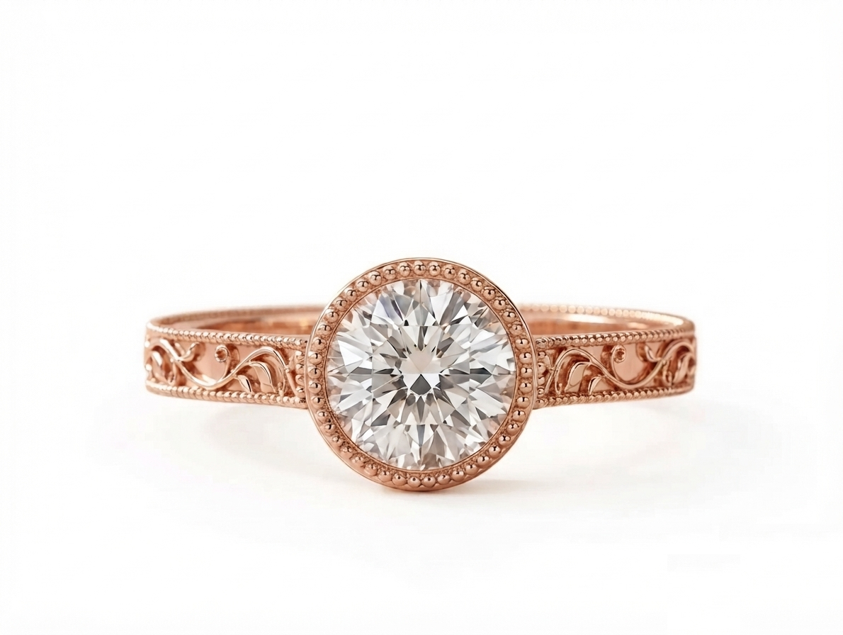 Top-down view of a rose gold 3 carat round cut lab grown diamond solitaire ring with milgrain bezel.