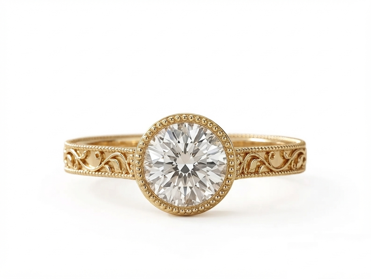 Top view of a 3 CT round lab grown diamond engagement ring in yellow gold with beaded milgrain bezel.