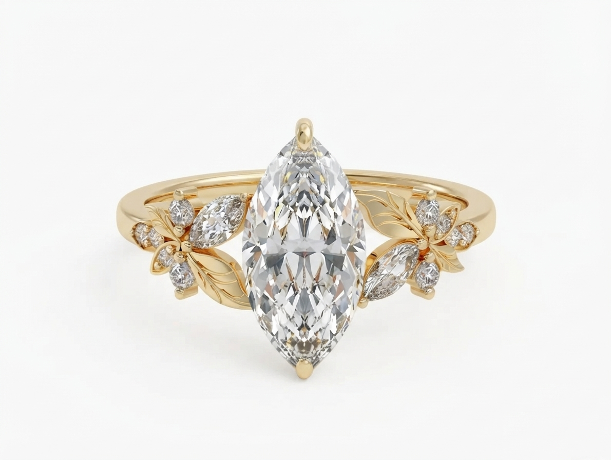 Top-down view of a 3 carat marquise cut lab grown diamond floral engagement ring in yellow gold.