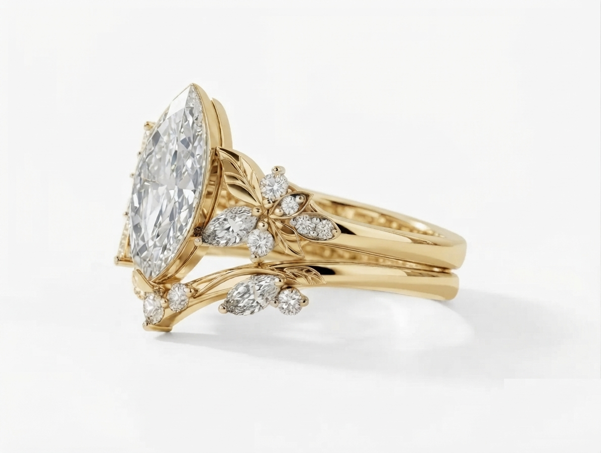 Side angle view of a yellow gold marquise lab diamond bridal set featuring leaf and floral diamond motifs.