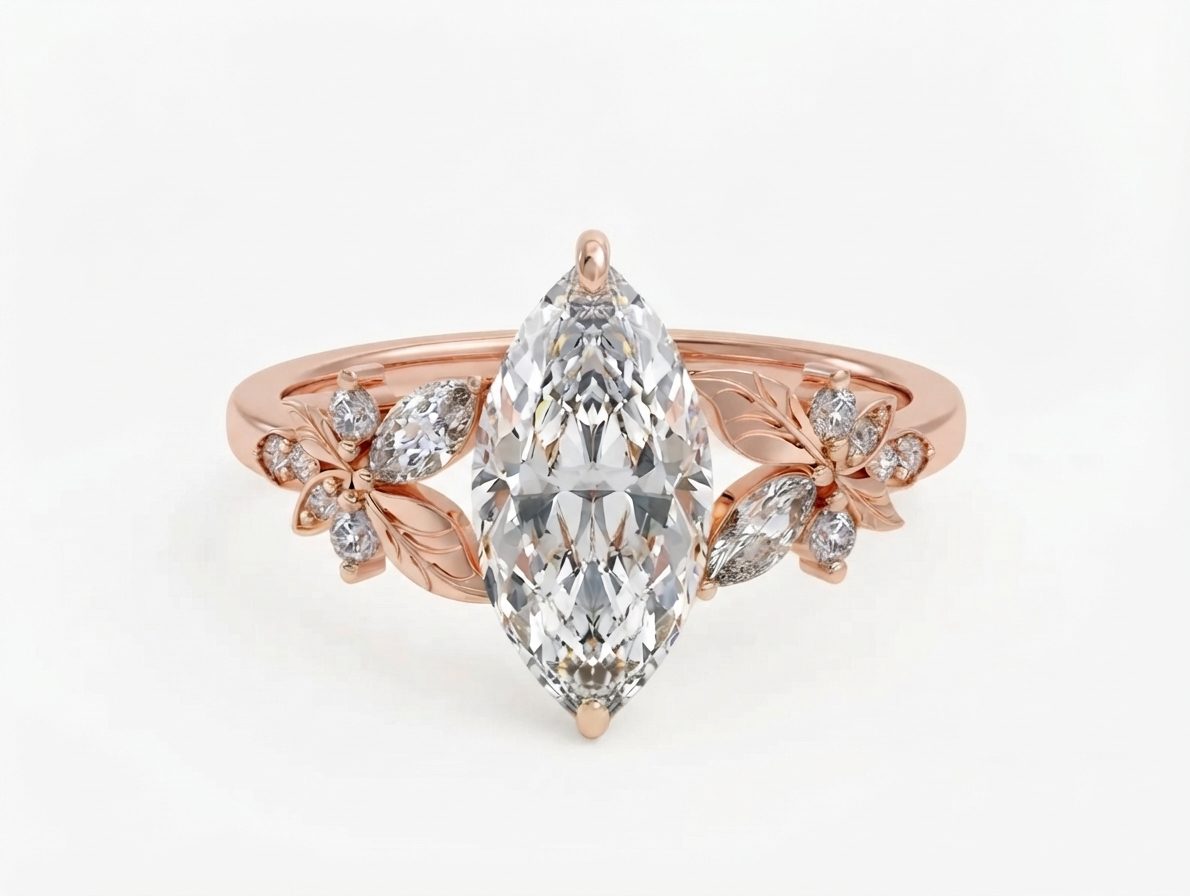 Top-down perspective of a rose gold 3 CT marquise lab grown diamond engagement ring with floral accents.