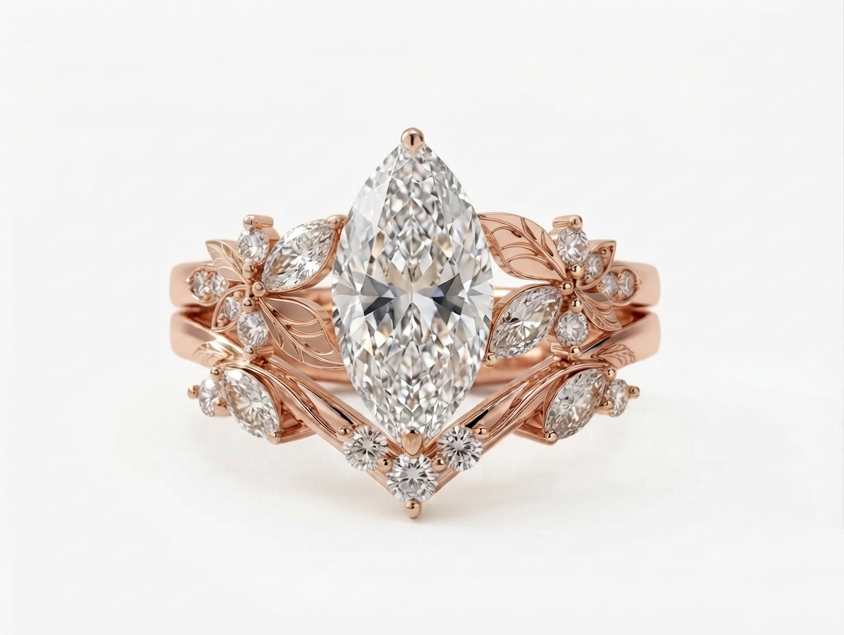 Top view of a rose gold 3 CT marquise cut lab grown diamond floral bridal set with contoured leaf band.
