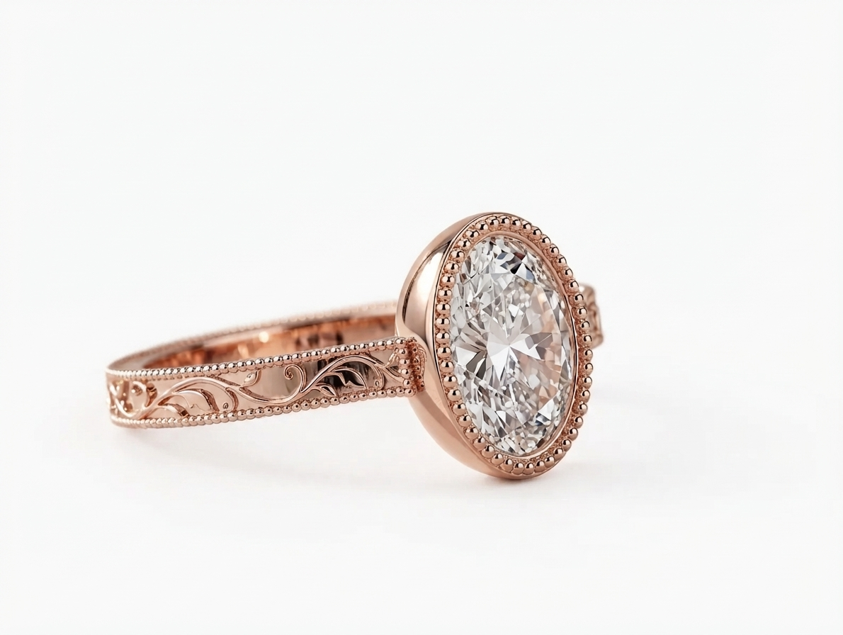 Perspective view of a rose gold 3 CT oval lab grown diamond engagement ring with milgrain bezel and filigree band.