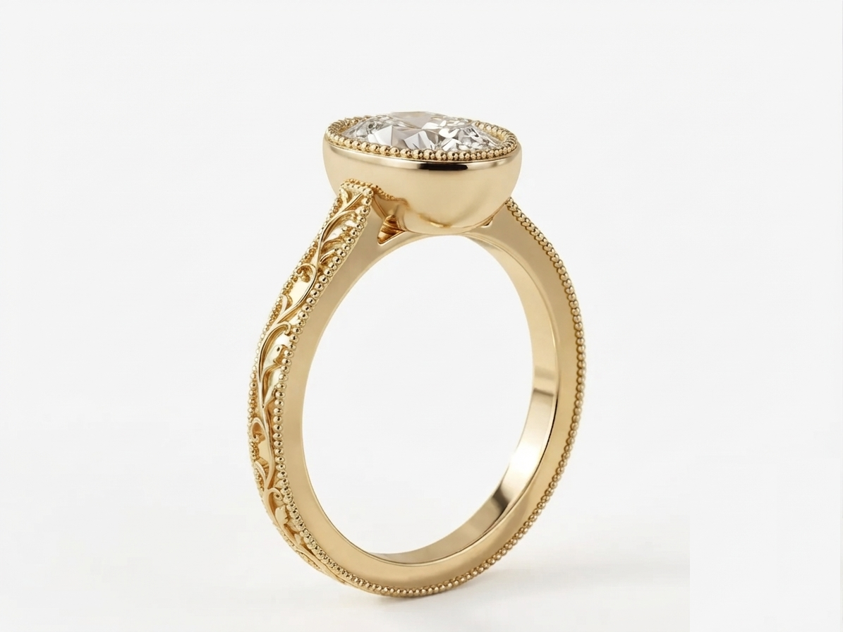 Side profile view of a yellow gold 3 CT oval lab grown diamond ring displaying smooth bezel basket and engraved shank.