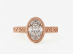 Top-down view of a rose gold 3 CT oval cut lab grown diamond engagement ring with milgrain bezel border.