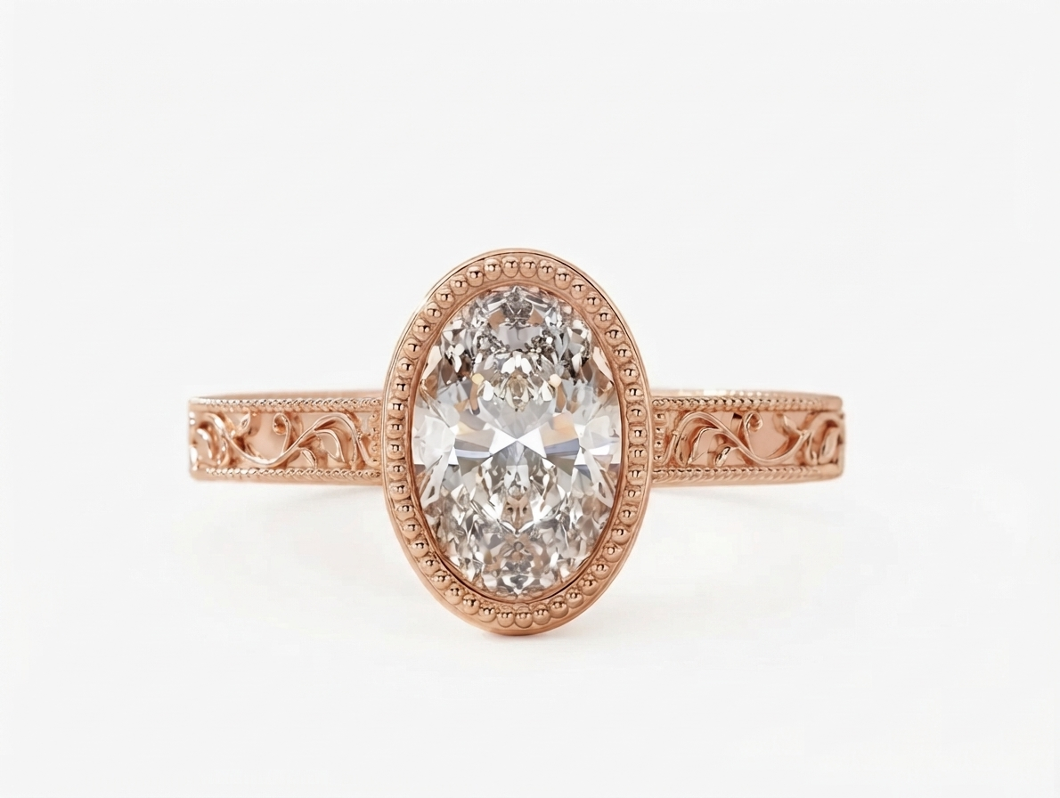 Top-down view of a rose gold 3 CT oval cut lab grown diamond engagement ring with milgrain bezel border.