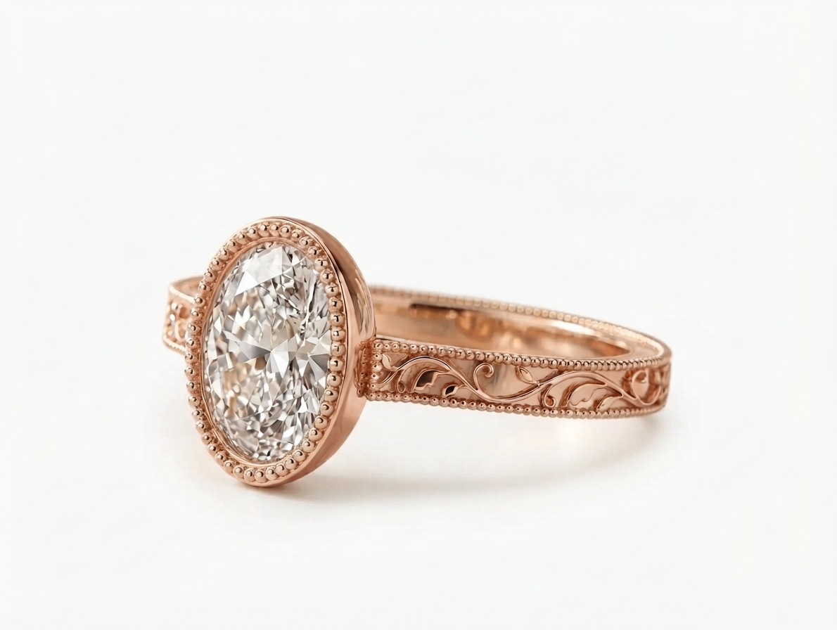 Side perspective of a rose gold vintage oval lab grown diamond ring with milgrain bezel and filigree pattern.