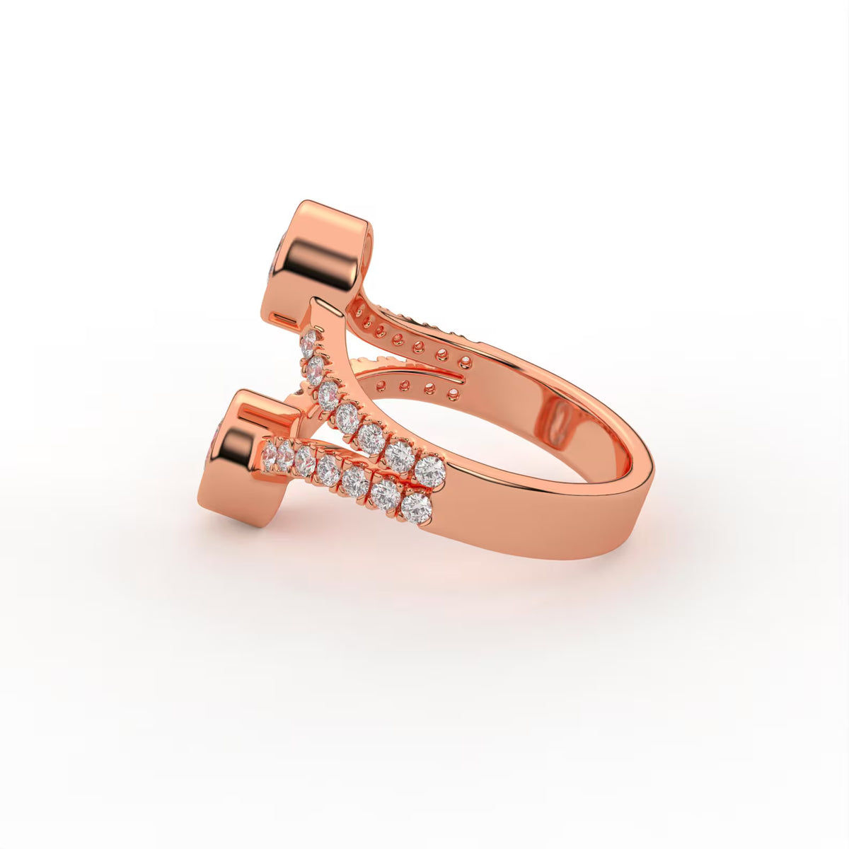 Side angle view of a rose gold two stone round lab grown diamond bezel ring with pavé split shank.