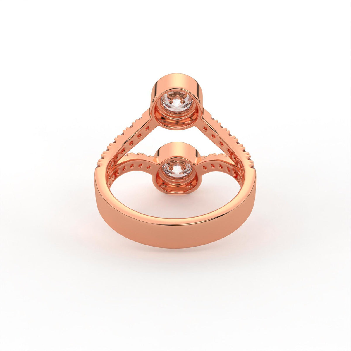 Undergallery view of a rose gold two stone round lab grown diamond bezel setting ring.