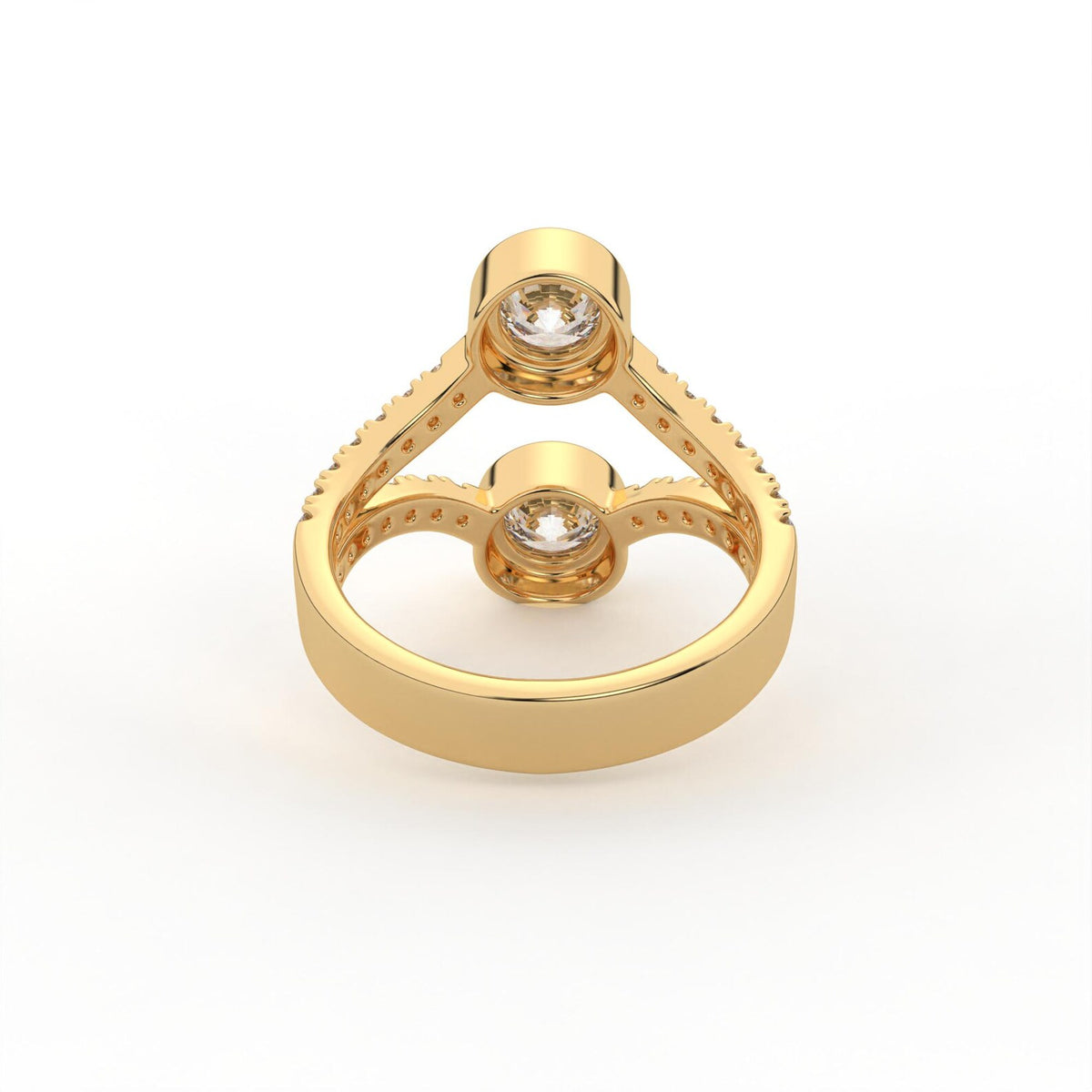 Interior view of a yellow gold two stone round lab grown diamond bezel ring showing band detail.