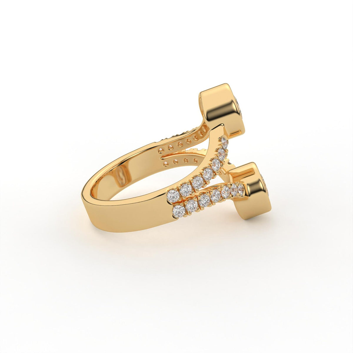 Side profile view of a yellow gold two stone round lab diamond ring with double split pavé band.
