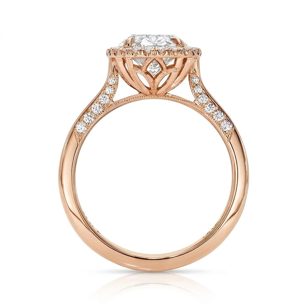 Side profile view of a 3 carat oval lab diamond halo ring in yellow gold with sculpted floral basket.