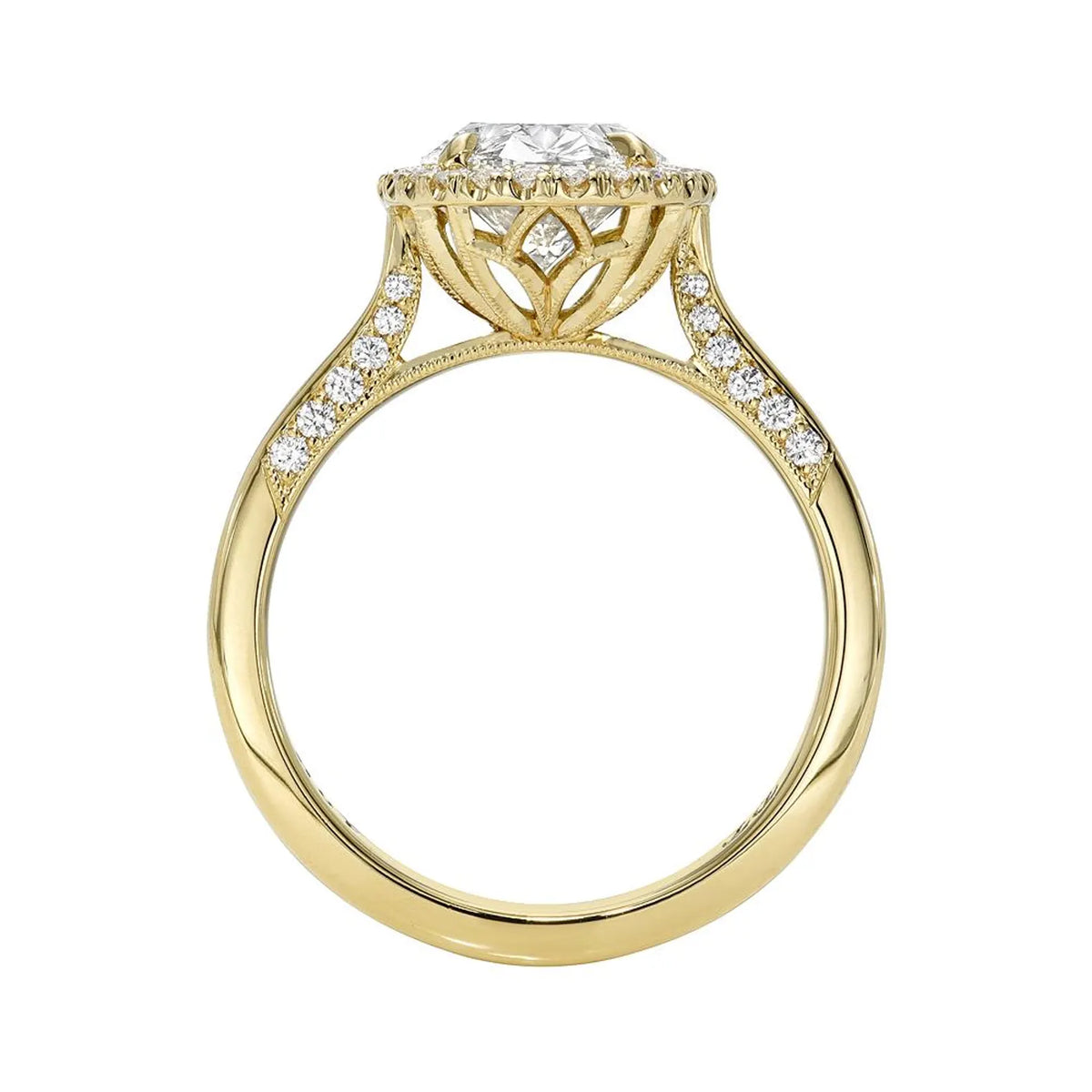 Straight profile shot of a rose gold 3 CT oval lab diamond halo engagement ring displaying lotus undergallery.
