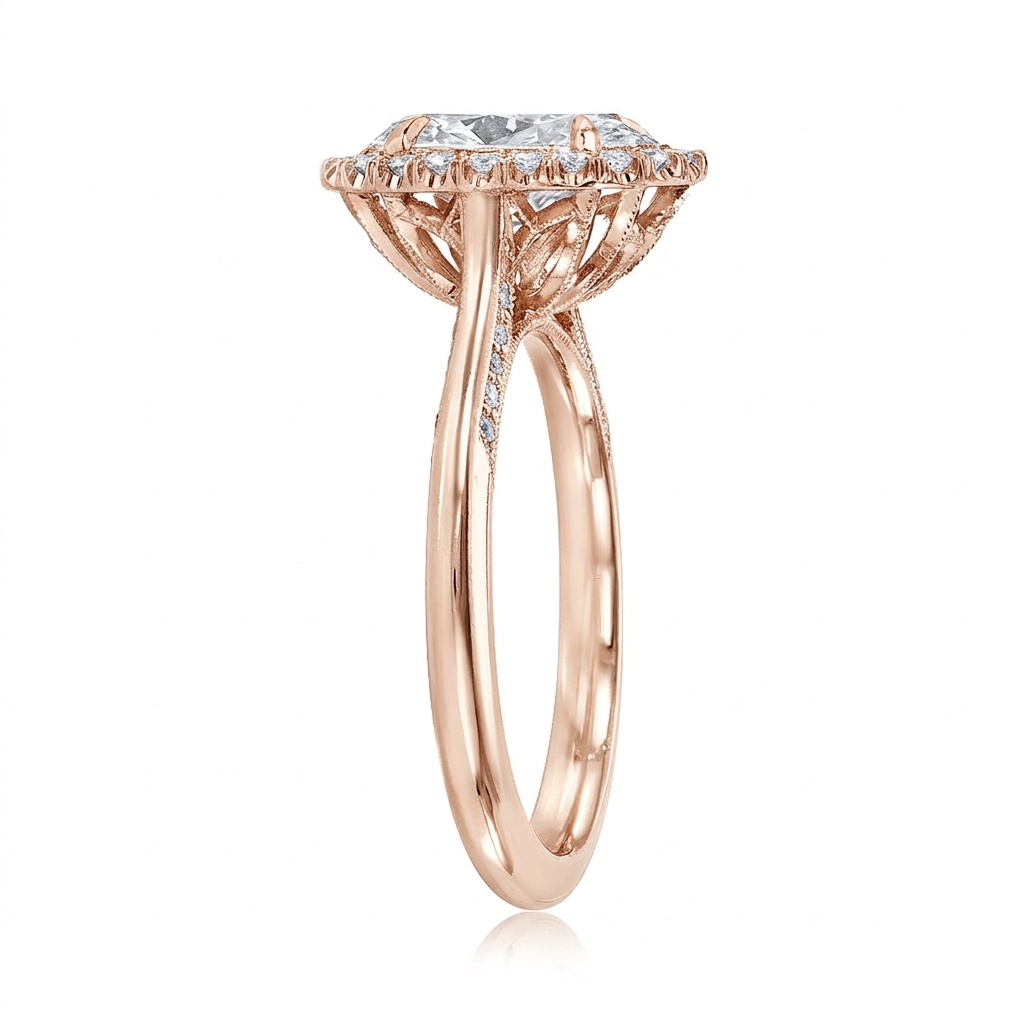 Side angle view of a rose gold 3 CT oval cut lab grown diamond halo ring with milgrain accents.