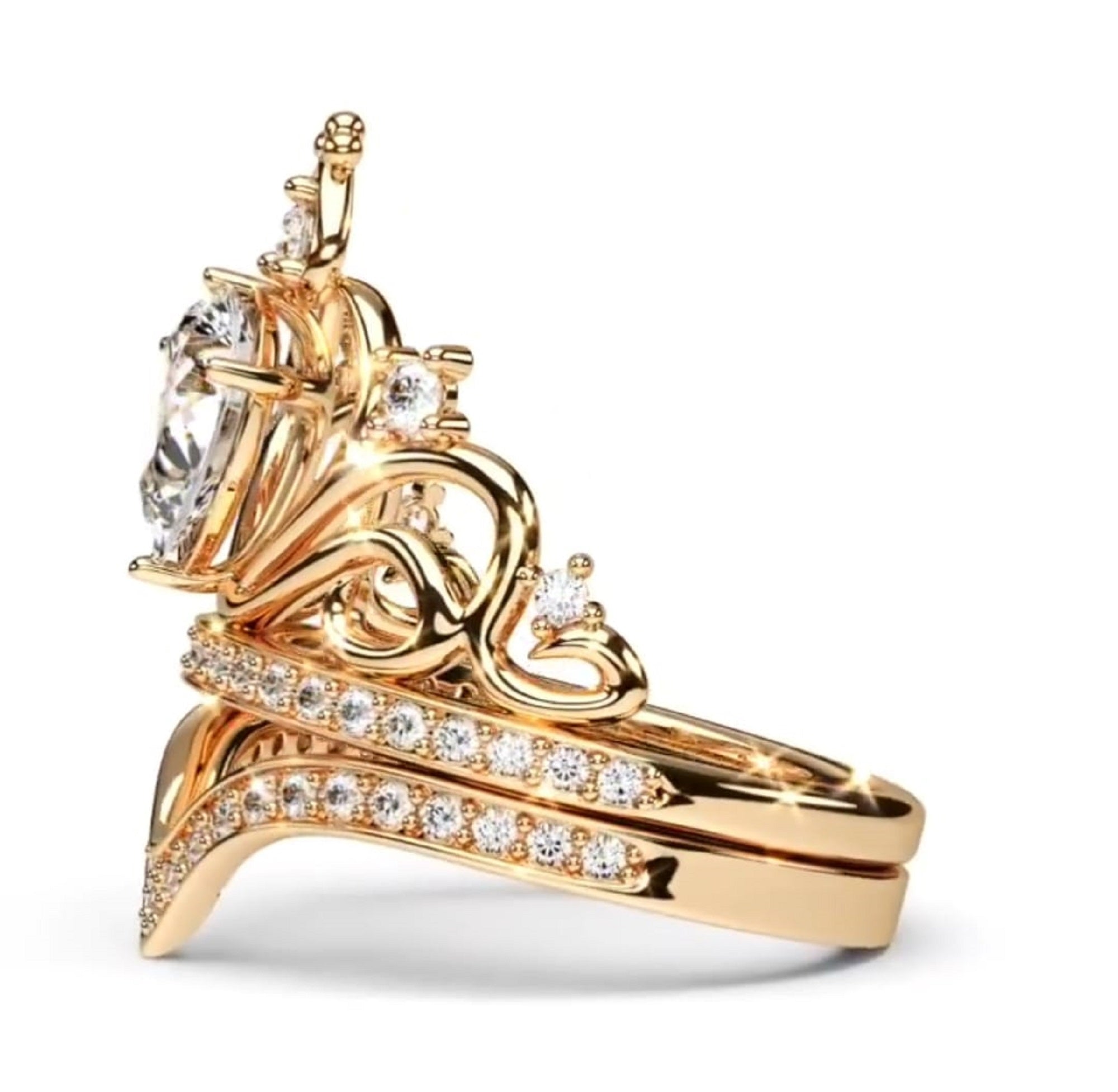 Side profile view highlighting the raised pear cut diamond crown swirls and curved pavé wedding band.