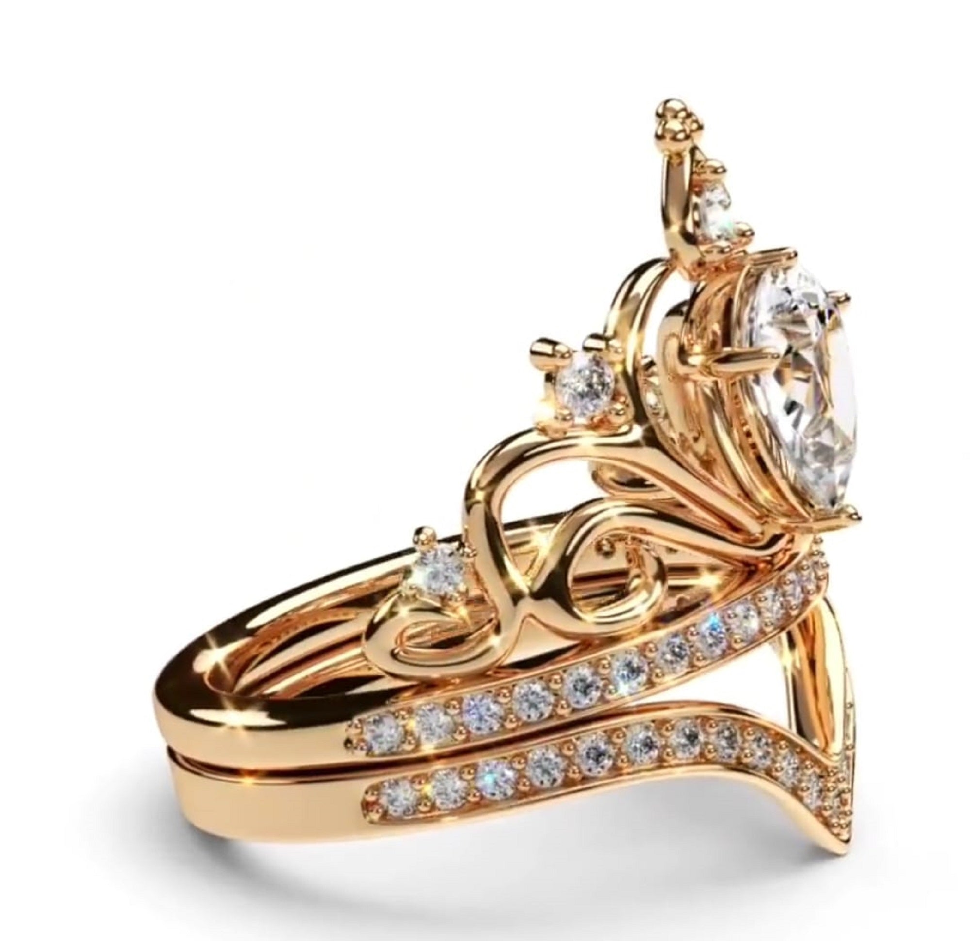 High-angle side view detailing the filigree tiara arches and micro-pavé accents on the V-shaped band.